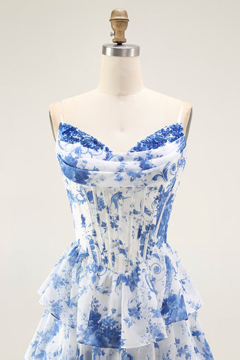 White and Blue Floral Tiered A Line Long Corset Prom Dress with Ruffles