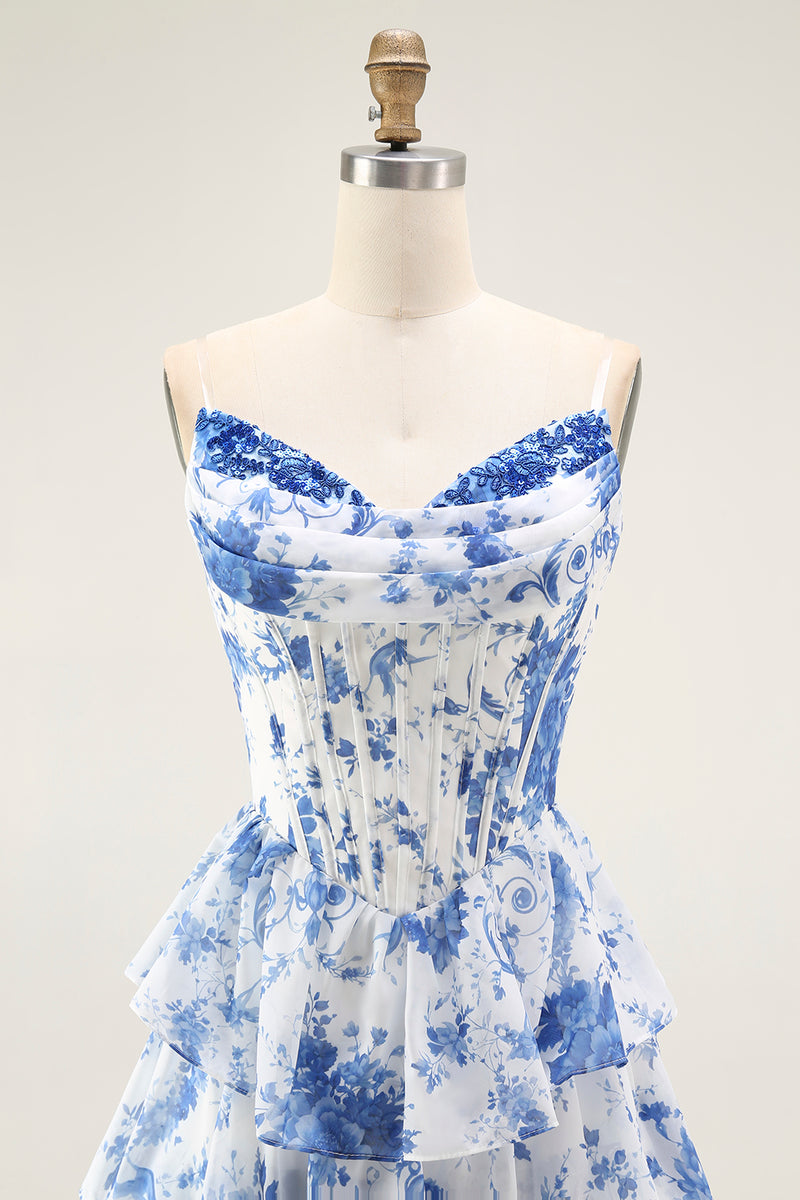 Load image into Gallery viewer, White and Blue Floral Tiered A Line Long Corset Prom Dress with Ruffles