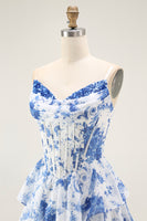 Load image into Gallery viewer, White and Blue Floral Tiered A Line Long Corset Prom Dress with Ruffles