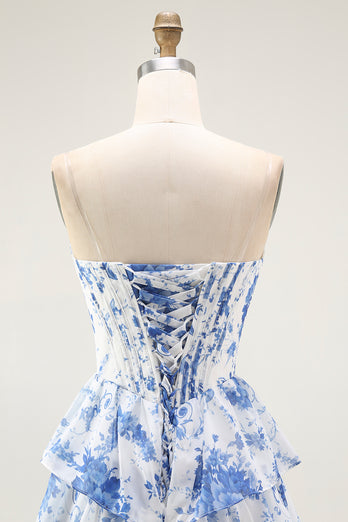 White and Blue Floral Tiered A Line Long Corset Prom Dress with Ruffles