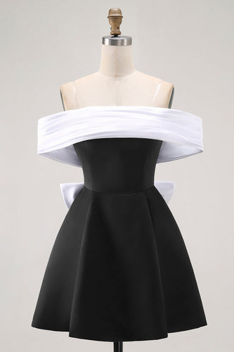 Black A Line Off the Shoulder Short Prom Dress with Bow