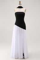 Load image into Gallery viewer, Black and White Neck Scarf Sheath Long Formal Dress with Slit