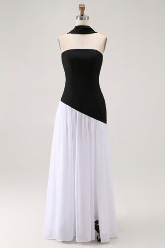 Black and White Neck Scarf Sheath Long Formal Dress with Slit