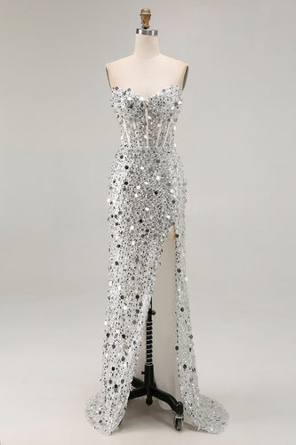 Sparkly Silver Mermaid Corset Long Sequin Prom Dress with Slit