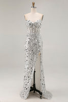 Load image into Gallery viewer, Sparkly Mermaid Golden Long Corset Prom Dress with Slit