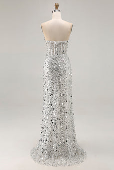 Sparkly Silver Mermaid Corset Long Sequin Prom Dress with Slit