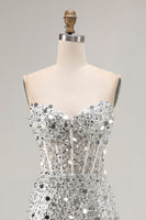 Load image into Gallery viewer, Sparkly Silver Mermaid Corset Long Sequin Prom Dress with Slit