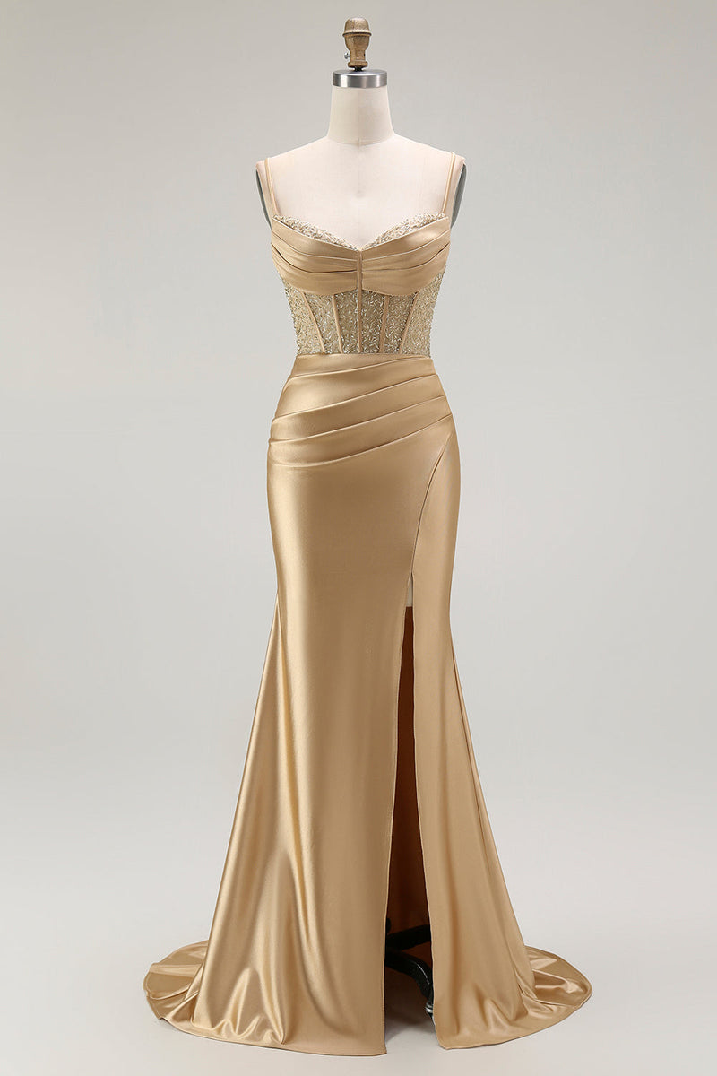 Load image into Gallery viewer, Sparkly Navy Satin Maxi Mermaid Corset Prom Dress with Beading