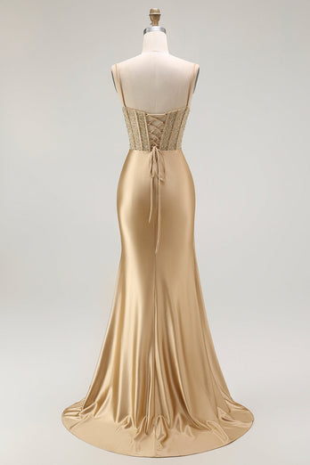 Sparkly Navy Satin Maxi Mermaid Corset Prom Dress with Beading