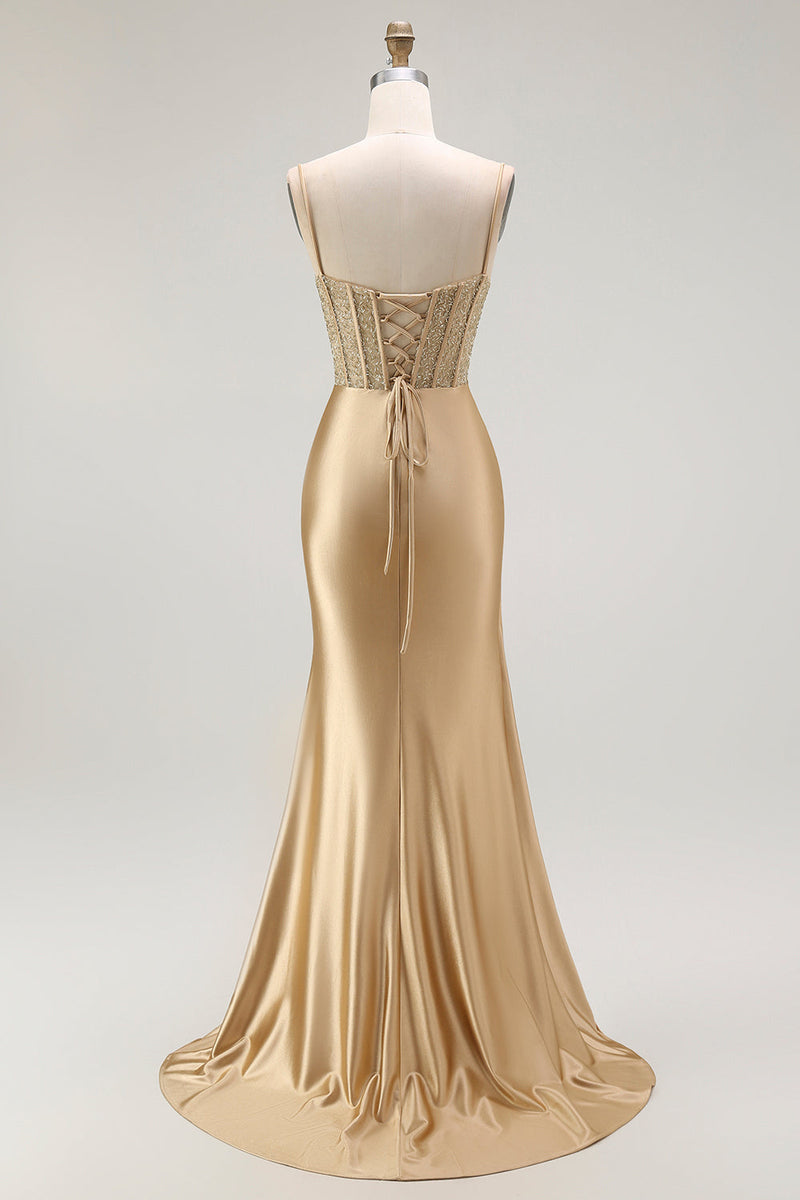 Load image into Gallery viewer, Sparkly Red Ruched Satin Long Corset Prom Dress with Slit