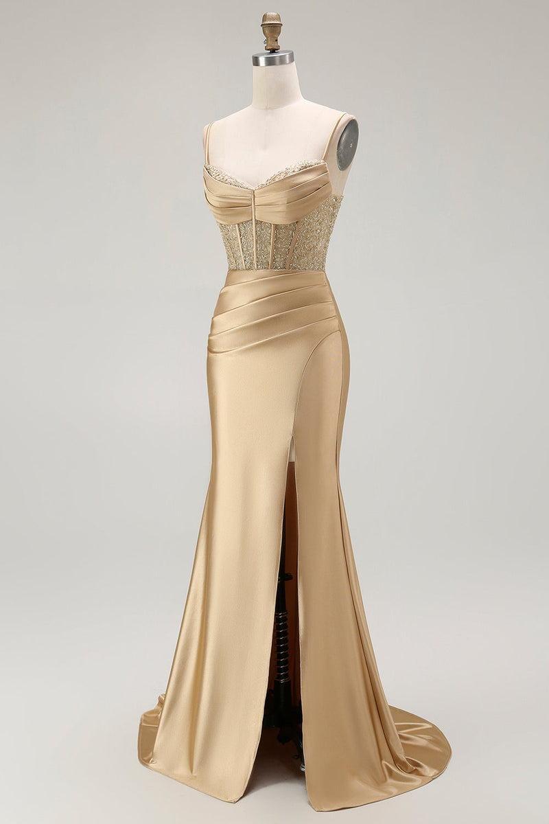 Load image into Gallery viewer, Sparkly Navy Satin Maxi Mermaid Corset Prom Dress with Beading