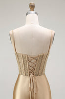 Load image into Gallery viewer, Sparkly Gold Mermaid Satin Long Corset Prom Dress with Slit