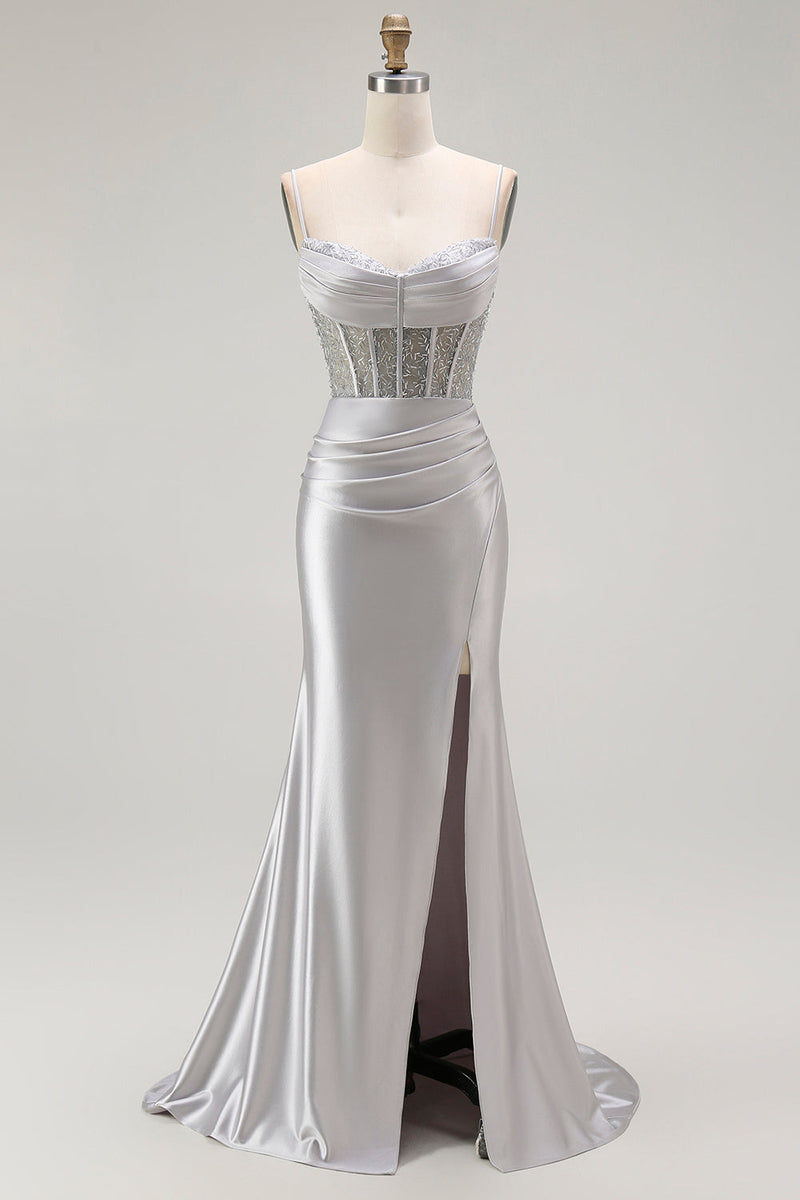Load image into Gallery viewer, Sparkly Navy Satin Maxi Mermaid Corset Prom Dress with Beading