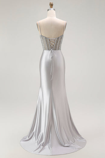 Sparkly Navy Satin Maxi Mermaid Corset Prom Dress with Beading