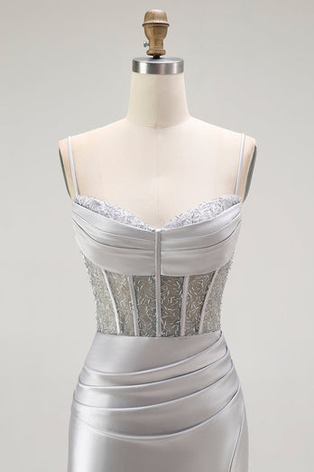 Sparkly Grey Satin Mermaid Maxi Corset Prom Dress with Slit