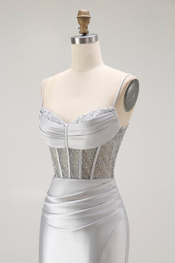 Sparkly Grey Satin Mermaid Maxi Corset Prom Dress with Slit