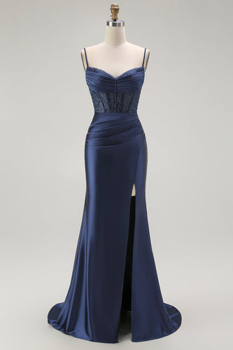Sparkly Navy Satin Maxi Mermaid Corset Prom Dress with Beading