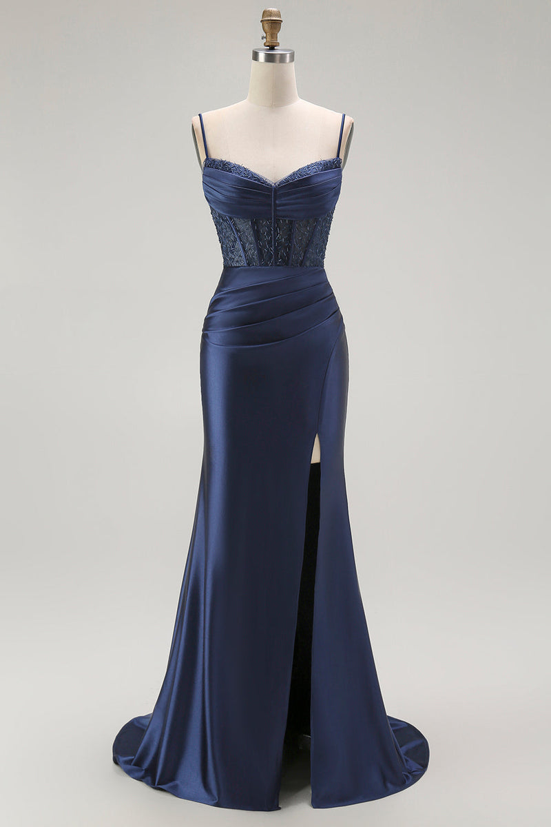 Load image into Gallery viewer, Sparkly Navy Satin Maxi Mermaid Corset Prom Dress with Beading