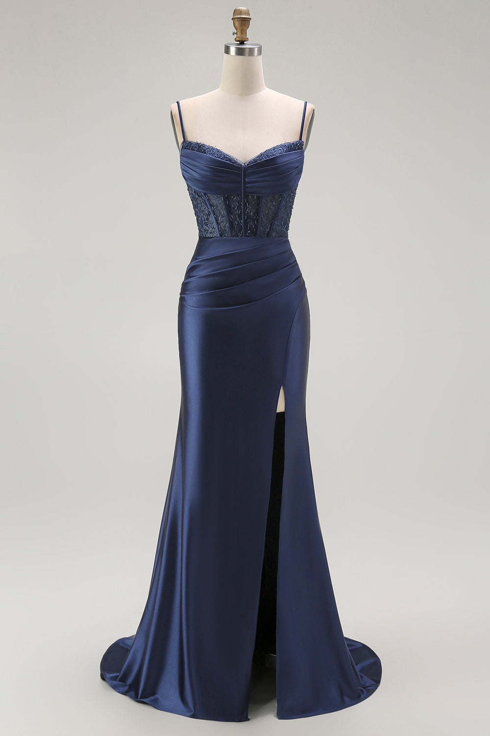 Sparkly Navy Satin Maxi Mermaid Corset Prom Dress with Beading