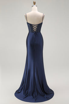 Sparkly Navy Satin Maxi Mermaid Corset Prom Dress with Beading