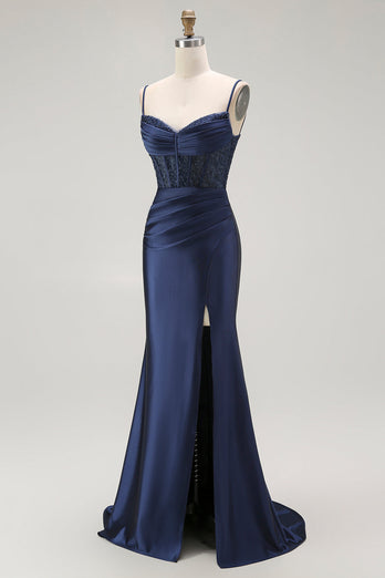 Sparkly Navy Satin Maxi Mermaid Corset Prom Dress with Beading