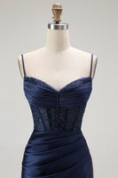 Load image into Gallery viewer, Sparkly Navy Satin Maxi Mermaid Corset Prom Dress with Beading