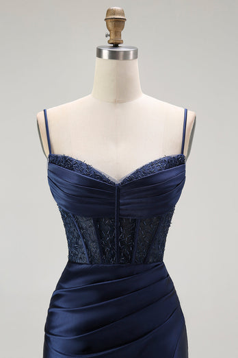 Sparkly Navy Satin Maxi Mermaid Corset Prom Dress with Beading