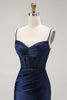 Load image into Gallery viewer, Sparkly Navy Satin Maxi Mermaid Corset Prom Dress with Beading