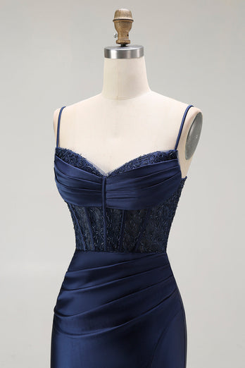 Sparkly Navy Satin Maxi Mermaid Corset Prom Dress with Beading