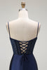 Load image into Gallery viewer, Sparkly Grey Satin Mermaid Maxi Corset Prom Dress with Slit