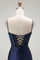 Load image into Gallery viewer, Sparkly Navy Satin Maxi Mermaid Corset Prom Dress with Beading