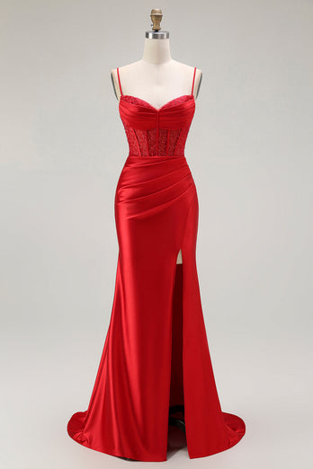 Sparkly Navy Satin Maxi Mermaid Corset Prom Dress with Beading
