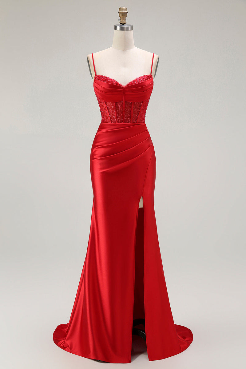 Load image into Gallery viewer, Sparkly Navy Satin Maxi Mermaid Corset Prom Dress with Beading