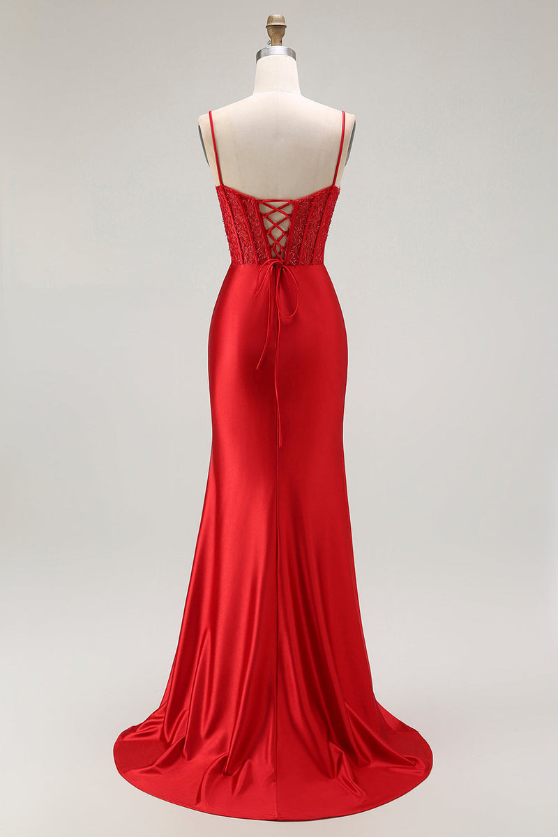 Load image into Gallery viewer, Sparkly Navy Satin Maxi Mermaid Corset Prom Dress with Beading