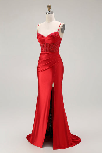 Sparkly Navy Satin Maxi Mermaid Corset Prom Dress with Beading