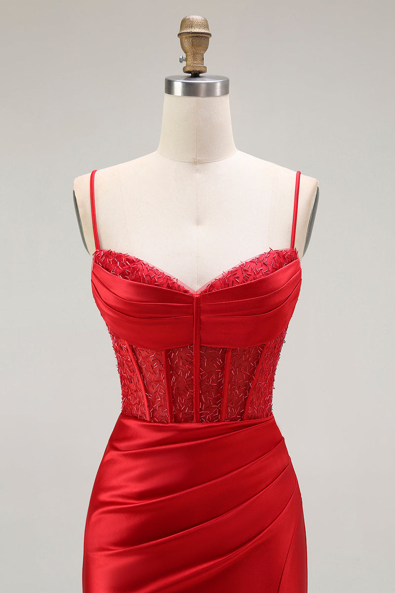 Load image into Gallery viewer, Sparkly Navy Satin Maxi Mermaid Corset Prom Dress with Beading