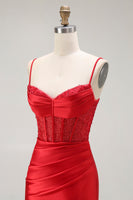 Load image into Gallery viewer, Sparkly Red Ruched Satin Long Corset Prom Dress with Slit