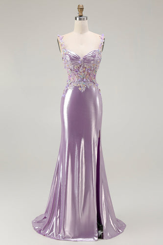Sparkly Lilac Floral Mermaid Maxi Prom Dress with Slit