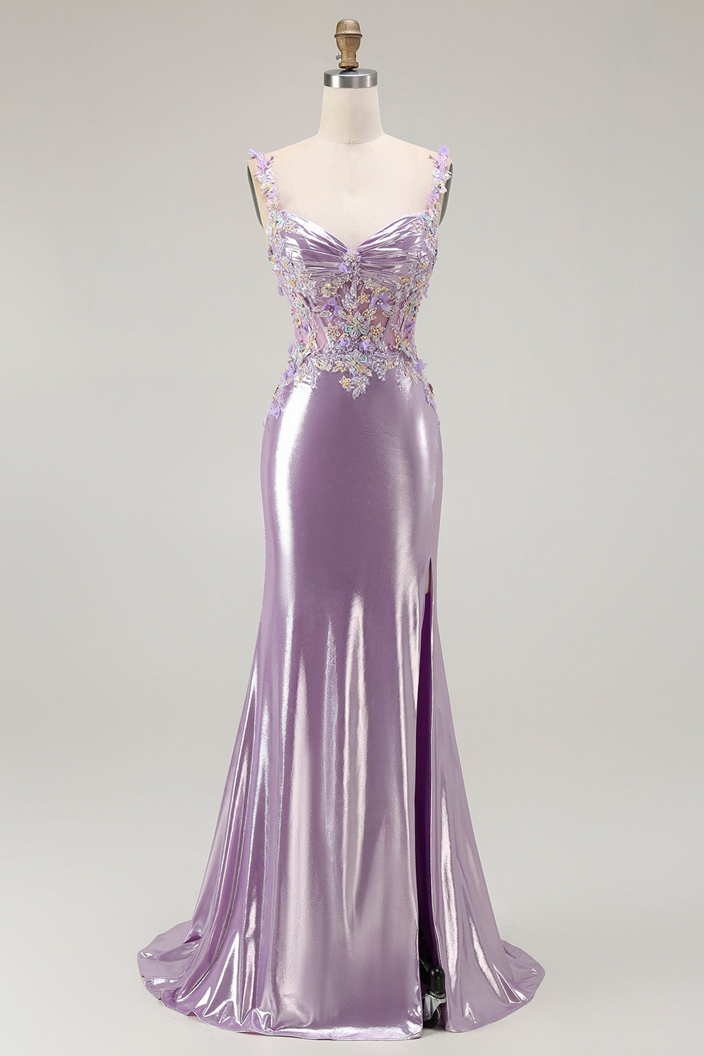 Sparkly Lilac Floral Mermaid Maxi Prom Dress with Slit