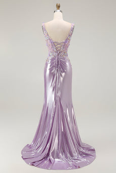 Sparkly Lilac Floral Mermaid Maxi Prom Dress with Slit