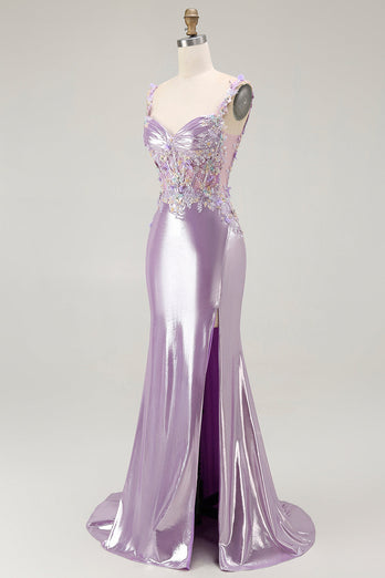 Sparkly Lilac Floral Mermaid Maxi Prom Dress with Slit
