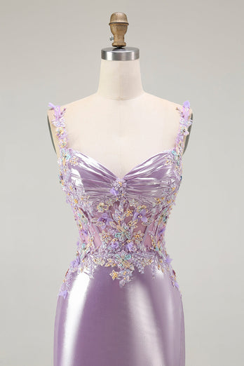 Sparkly Lilac Floral Mermaid Maxi Prom Dress with Slit