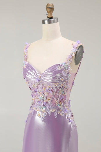 Sparkly Lilac Floral Mermaid Maxi Prom Dress with Slit