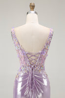 Load image into Gallery viewer, Sparkly Lilac Floral Mermaid Maxi Prom Dress with Slit