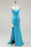 Load image into Gallery viewer, Sparkly Blue Mermaid Satin Ruched Long Prom Dress with Slit