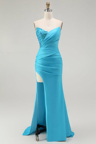 Sparkly Blue Mermaid Satin Ruched Long Prom Dress with Slit