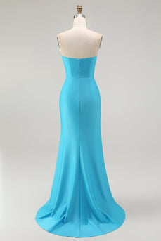 Sparkly Blue Mermaid Satin Ruched Long Prom Dress with Slit