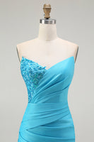 Load image into Gallery viewer, Sparkly Blue Mermaid Satin Ruched Long Prom Dress with Slit