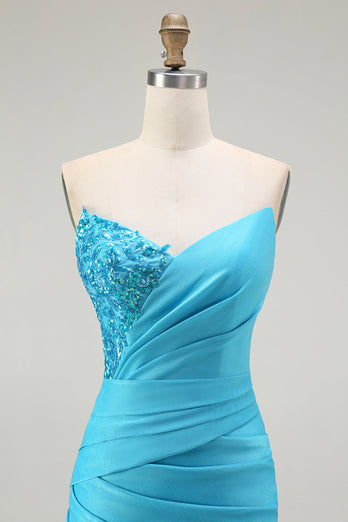Sparkly Blue Mermaid Satin Ruched Long Prom Dress with Slit