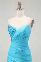 Load image into Gallery viewer, Sparkly Blue Mermaid Satin Ruched Long Prom Dress with Slit